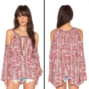 Free People Good Morning beaded embellished tunic top in red and ivory Size S